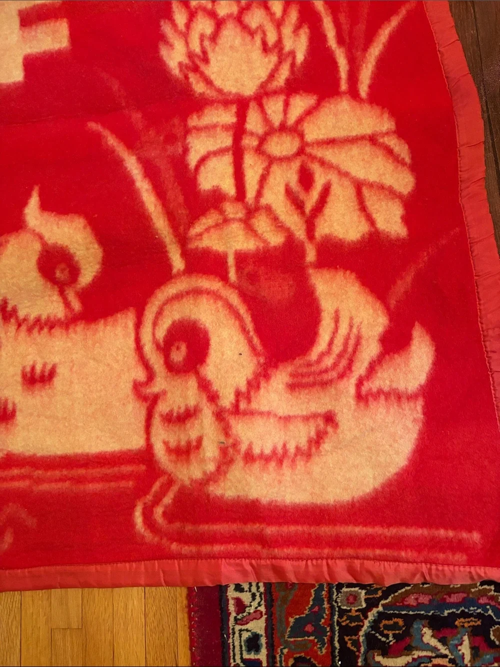 Vintage 2 Sided Chinese Wool Wedding Blanket with Lotus and Mandarin Ducks